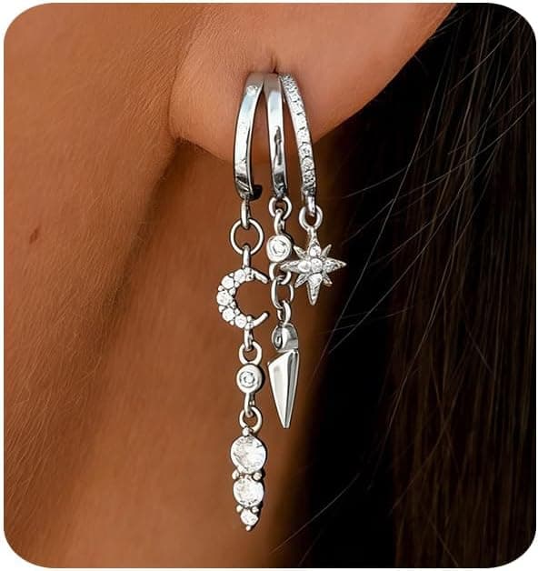 Boucles d'Oreilles Cercles pour Femme Plaqué Or 14K Boucles d'Oreilles Chaîne avec Franges en Zircon Minimalistes Pendentif étoile et lune Boucles d Oreilles pour Femmes Cadeau pour Elle​