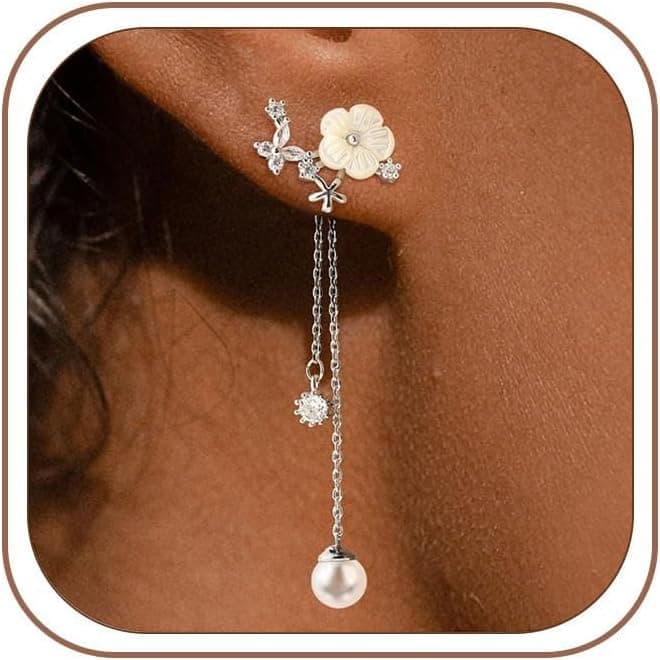 Boucles d'oreilles Pendantes en Perles Fleurs, Hypoallergénique Longues Boucles d'oreilles Enfilées CZ, Boucles d'oreilles de Mariage en Fleurs pour Mariées Cadeaux Originaux