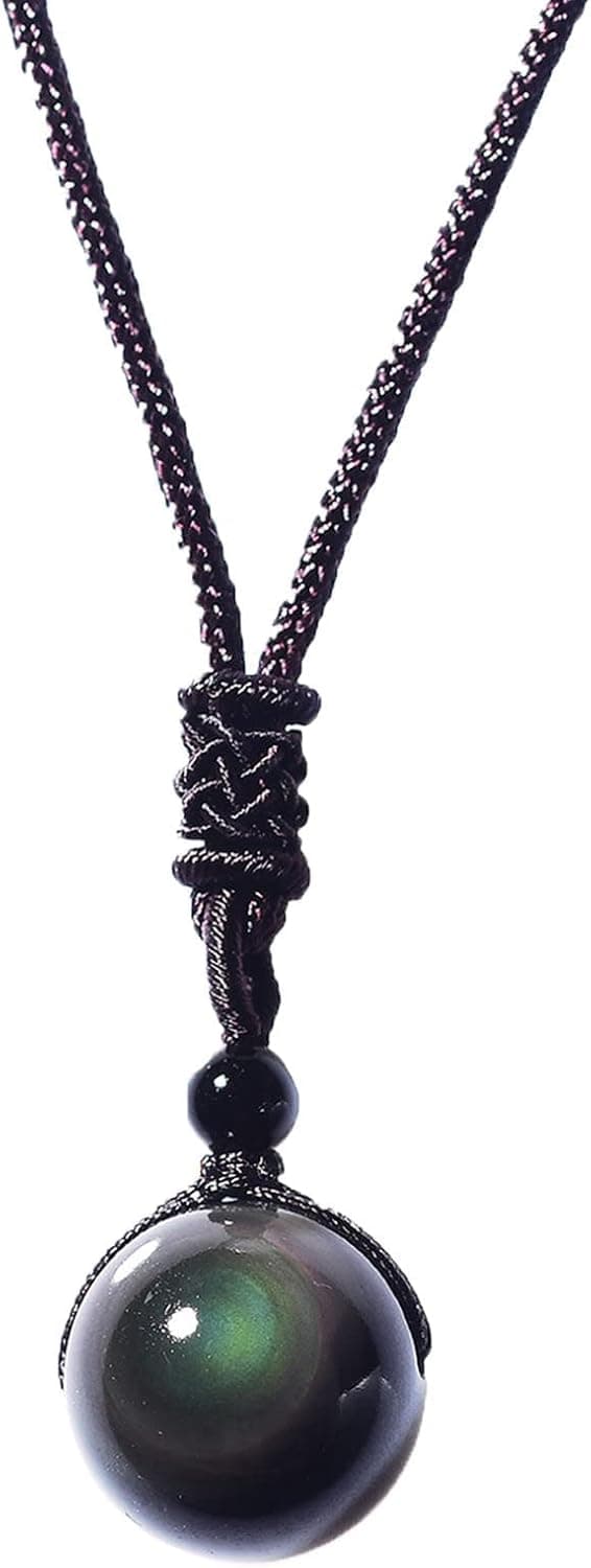 zalati Collier Pendentif Obsidienne Naturelle avec Corde Tressée Style Yeux Arc-en-Ciel pour Cadeau Chanceux en Pierre Perle