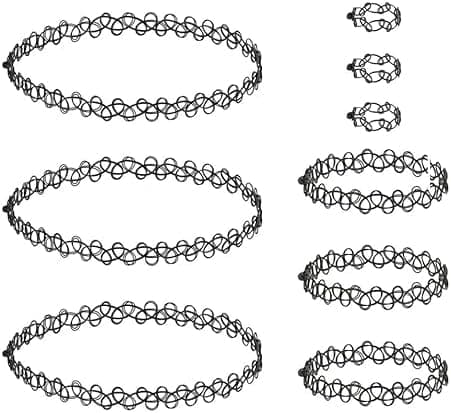 90s Tattoo Choker Necklace, Bracelet & Ring Set – 9 Pieces Black Stretch Gothic Jewelry (3 Necklaces, 3 Bracelets, 3 Rings) – Retro Grunge Aesthetic Accessories for Women