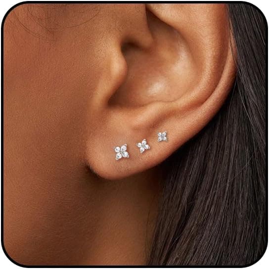 3 Paires Boucles D'oreilles Femme Petites Clou d'Oreilles Mini Boucles d'Oreilles Fleur CZ Boucles d'Oreilles Pour Multiples Oreilles Boucles d'Oreilles Pour Femmes
