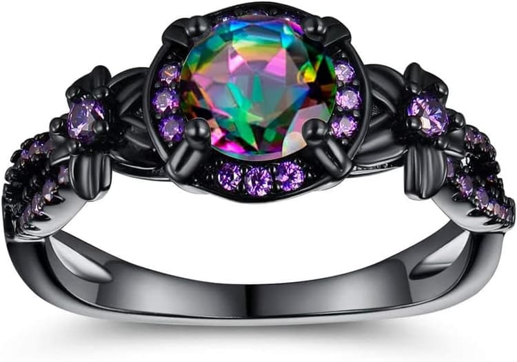 Eternity Ring for Women,18K Black Gold Plated Created Opal/Mystic Topaz/Amethyst Garnet Wedding Engagement Promise Rings Band