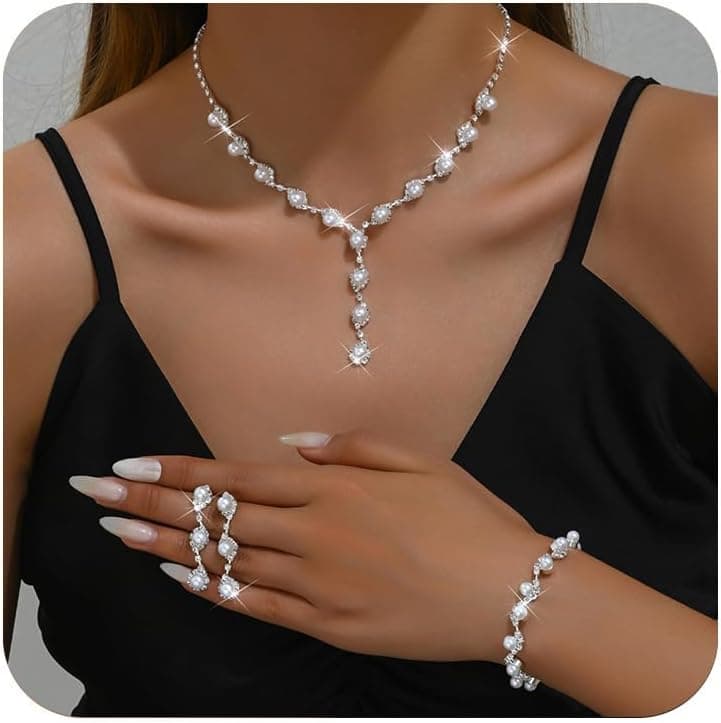 Parure Bijoux Femme Élégante Perles et Strass Collier Bracelet et Boucles d'Oreilles Ensemble Bijoux Fantaisie pour Mariage et Soirées