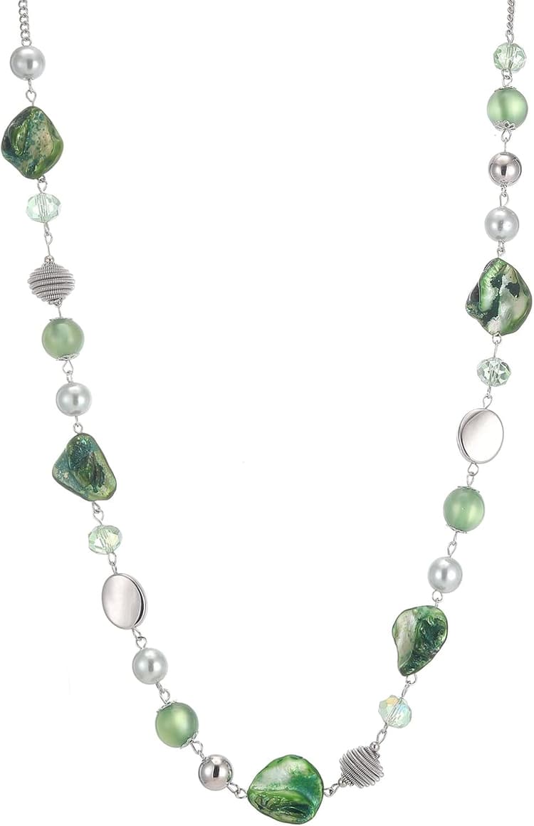 FULU AUTUMN Long Collier de Perles en Pierre pour Femmes Collier de Chaîne en Argent avec Cristaux de Coquillage Bijoux de Mode Cadeau Noël pour Maman