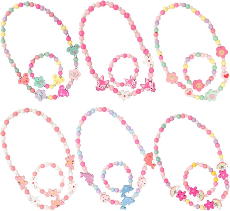 6 Set Bijoux Enfant en Bois Contient Collier et Bracelet Élasticité Colorés Bracelets Amitié Fille Bijoux Princesse Collier de Perles pour Les Filles Fête Anniversaire Habillage Accessoire