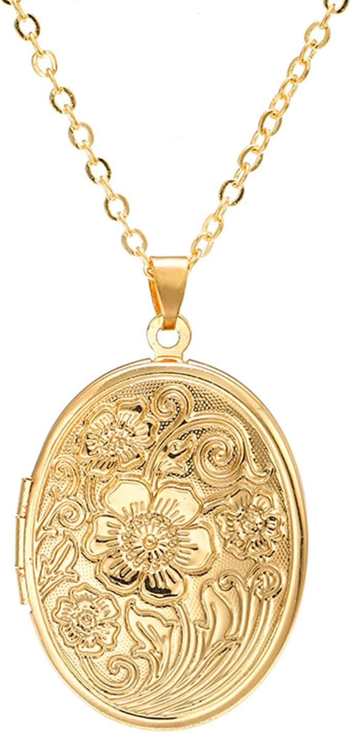 Vintage Engraved Flower Empaistic Photo Locket Hold Picture Oval Round Pendant Necklace Antique Carved Pattern Souvenir Memorial Clavicle Jewelry for Women