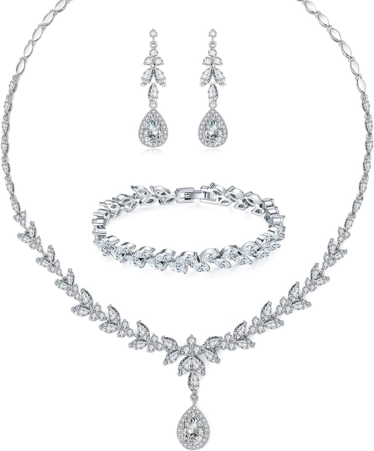 Parure Mariage Femme avec Zircon Cubique 5A Blanc, Ensemble de Bijoux Boucles d'oreilles Collier Bracelet en Forme de Fleur, Tiges Chaîne Pendentif Hypoallergénique pour Femme Fille