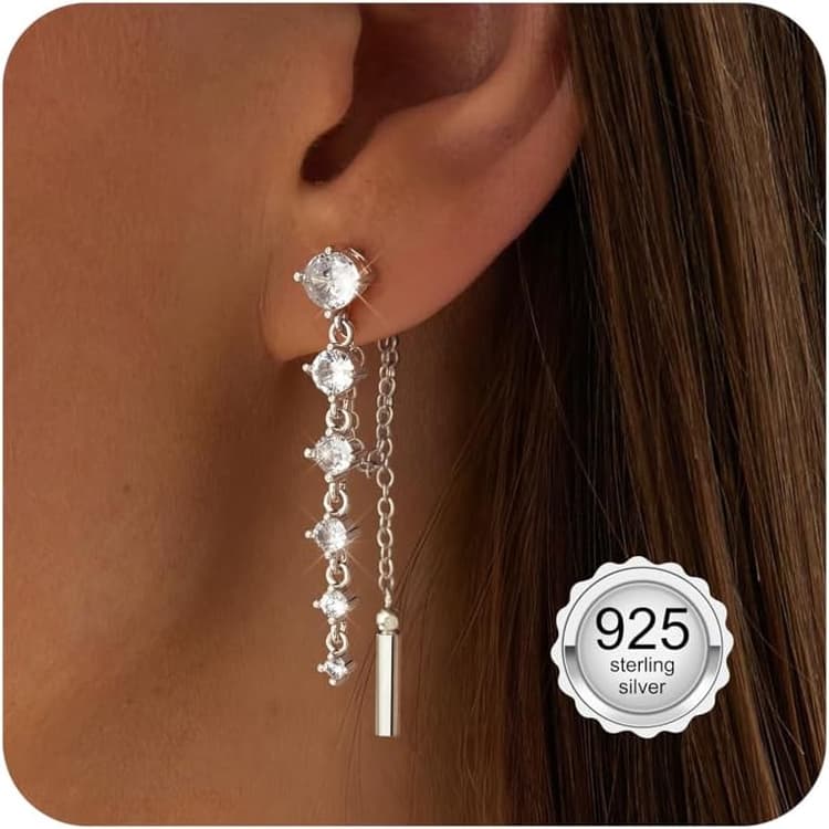 KRFY Boucles d'Oreilles Femme Argent Sterling 925 Boucles d'Oreilles Pendantes Or Longue Chaîne Boucle d'Oreille Clous Hypoallergéniques Barre Perles Zircone Cubique Boucle d'Oreille Pendante Léger