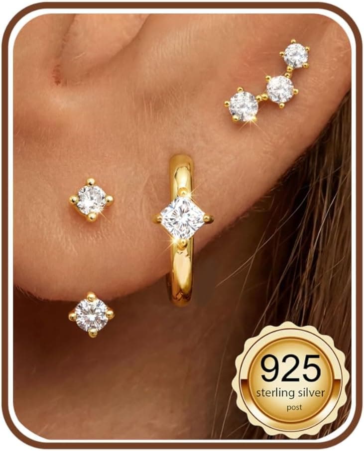 JeweBella 3 Paires Boucles d'oreilles Argent 925 pour Femme Plaquée Or 14 Carats Petites Clou d'Oreilles Mini Boucles d'Oreilles Créoles pour Plusieurs Piercings Oreille Cartilage