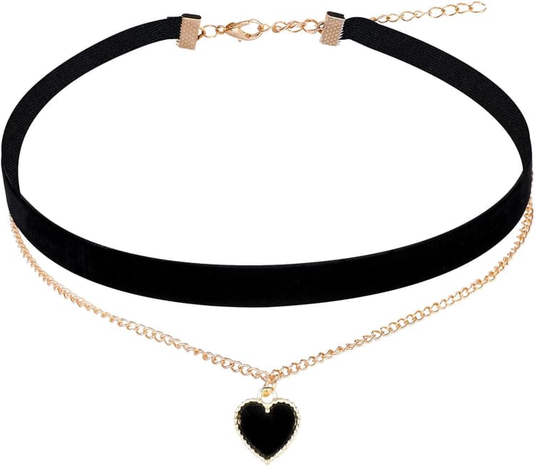 Collier Ras du Cou en Velours avec Cœur Pendentif Noir Collier Traditionnel Réglable Classique Collier de Velours Multicouche Tour de Cou Chaîne de Vlavicule pour Femmes et Filles