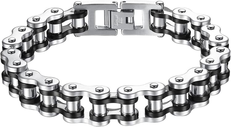 OSTAN Bracelet à maillon en acier inoxydable, style rock et motard, 22 cm, argenté