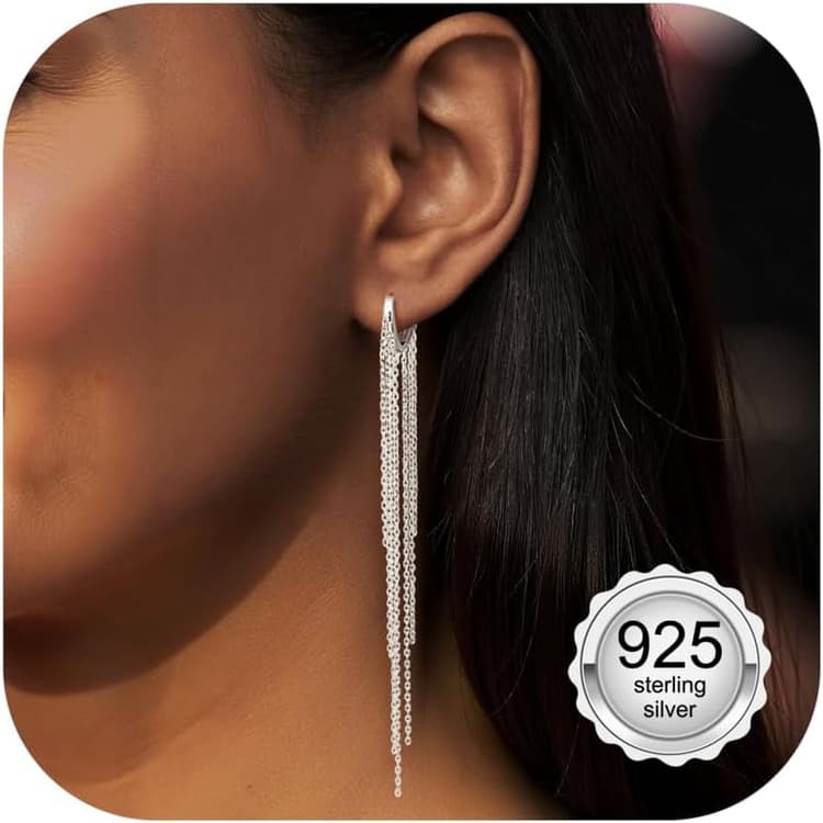 KRFY Boucles D'oreilles Pendantes pour Femme Argent 925 Longue Or Tassel Boucles d’oreilles Longue Chaîne de pompon Pendantes Creoles PendanteBoucle d’oreille pour Femme Or et Argent
