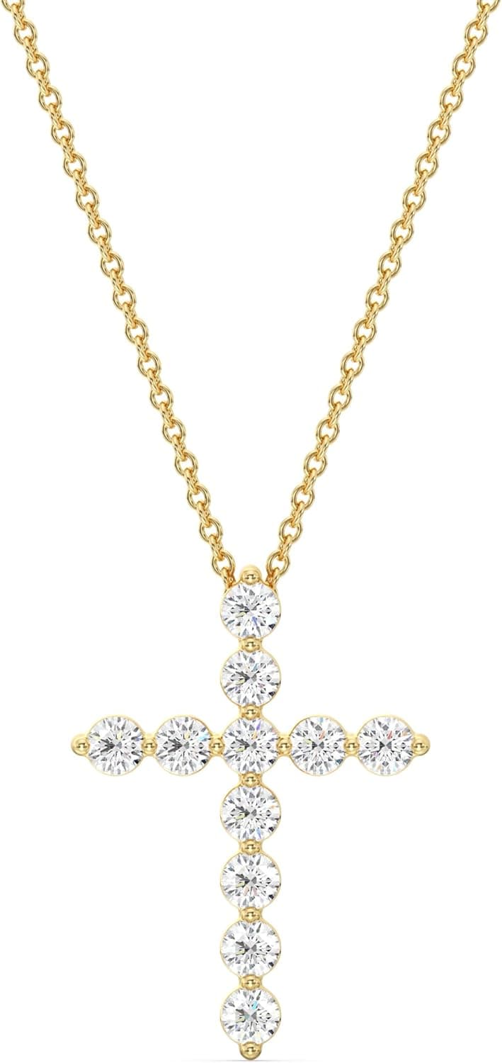 GILDED 1 ct. T.W. Lab Grown Diamond (SI1 Clarity, F Color) and Sterling Silver & 14KT Gold Plated Silver Cross Pendant with an 18 Inch Spring Ring Clasp Cable Chain