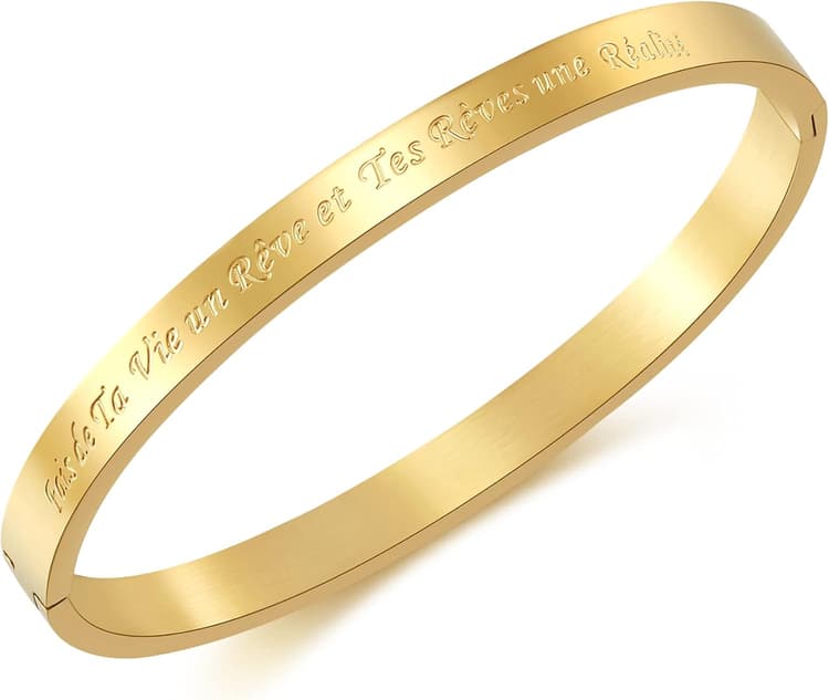 RWQIAN Femme Fin Bracelet Message Acier Inoxydable avec Phrase Inspirante Bracelet Jonc Personnalisée Or