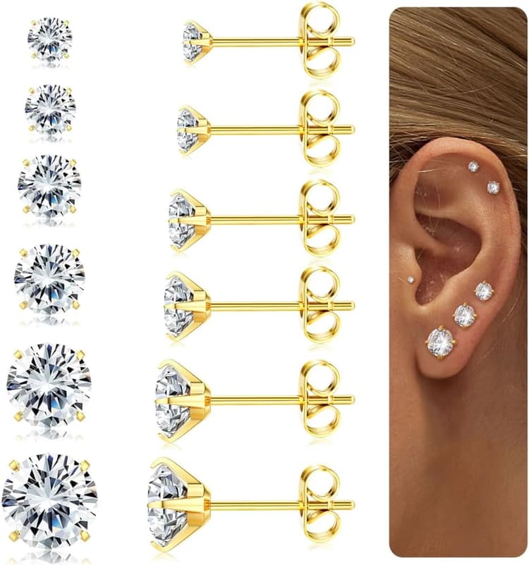 Diamday 6 Paires Boucles d'Oreilles pour Femmes Hommes Acier Chirurgical Piercing Oreille Hypoallergénique Clou d'Oreille 5A Zircone Cubique Helix Cartilage Tragus Piercing Boucles d'Oreilles