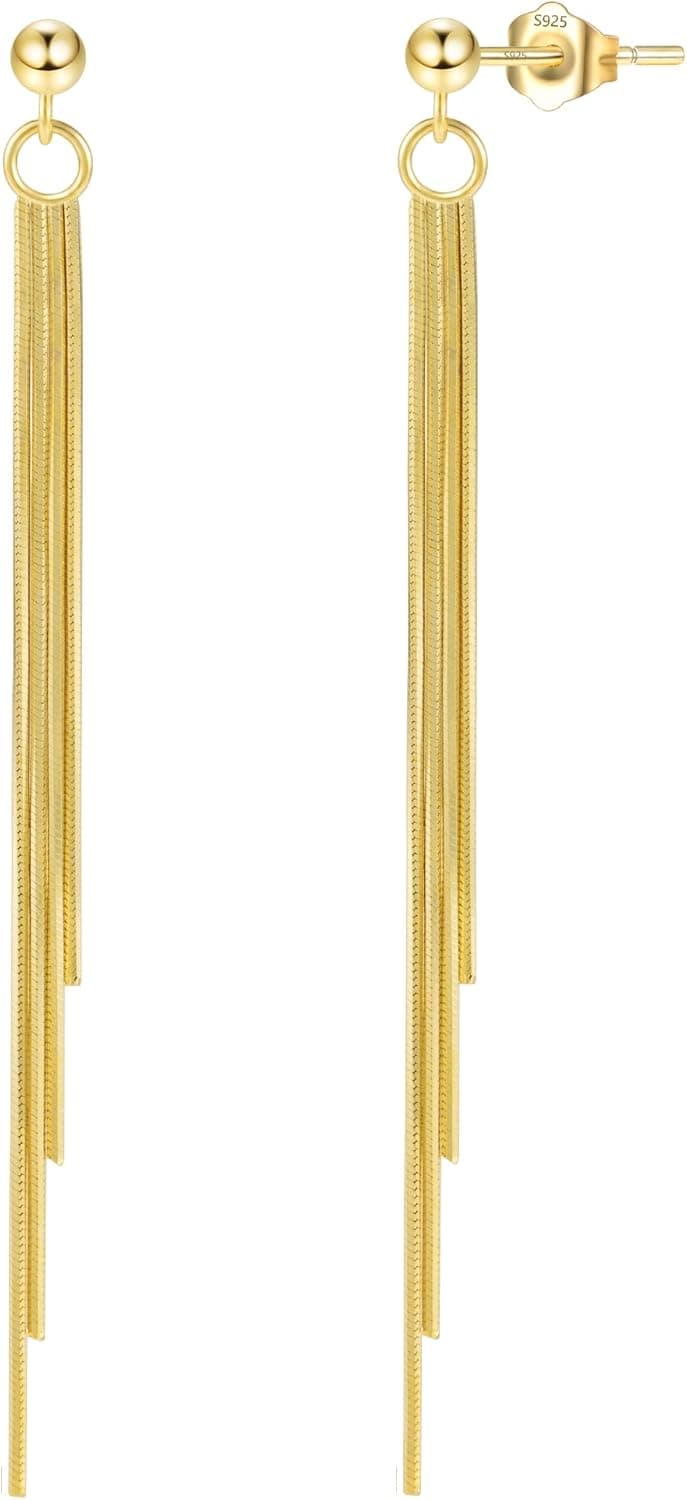 KISSPAT Boucles d'Oreille Femme Argent, Boucle d'Oreille Pendante, Boucles d'oreilles à Pampilles, Longues, en Argent 925, Plaqué or 14 Carats