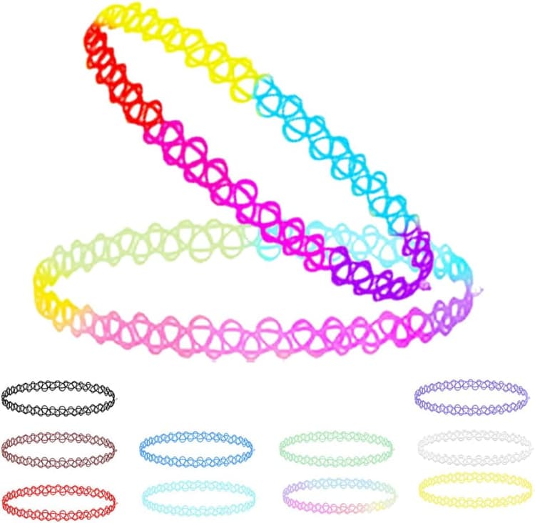 12 Pcs Choker Chaîne Ensemble, Ensemble Collier Tour de Cou, Collier Ras de Cou Fille, Collier Enfant Fille Fluo Look rétro des années 90, coloré, pour les tenues quotidiennes des filles