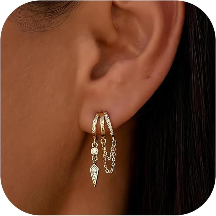 Boucles d'Oreilles Pendantes pour Femmes, 14K Or Plaqué Triples Huggie, Belles Boucles d'Oreilles Chaîne, Délicates Pendentifs Bijoux pour Femmes, Bijoux Or Plaqué Tendances, 1 Paires