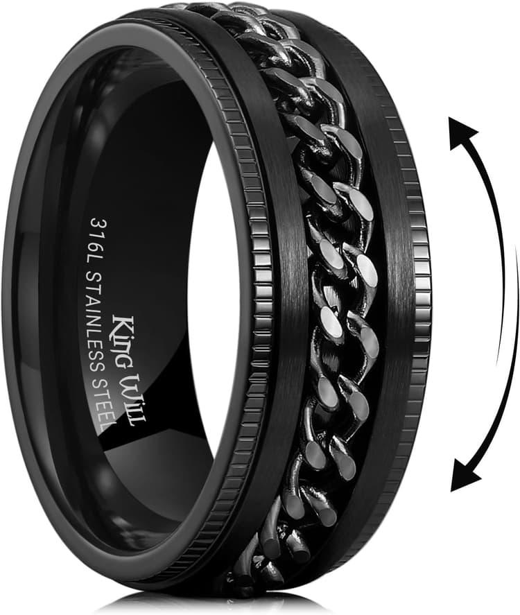 King Will 316L Stainless Steel Fidget Ring for Men Women-8mm Width with Stylish Chain Inlay Spinner Ring Stress Relief, Durable Wedding Band Comfort Fit Size 4-16