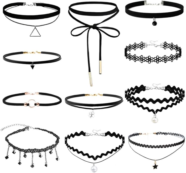 11 Pieces Dentelle Noire,Collier Ras du Cou, Gothique Colliers,Gland Colliers,Collier Ras du Cou en Cuir Style Punk Gothique Collier Tour de Cou Réglable Collier Ras de Cou,Party Accessoires