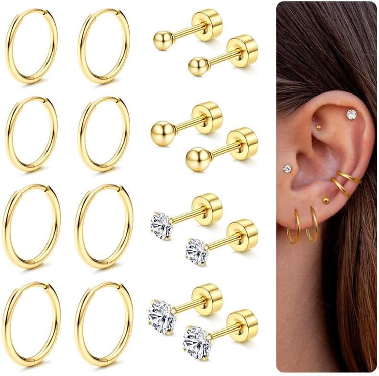 Dochais 8 Paires Boucles d'Oreilles En Acier Chirurgical 316L, Boucles d'Oreilles Rondes En Zirconium Cubique Plaqué Or 14K, Boucles d'Oreilles Huggie Cartilage Hypoallergénique, Piercing Multiple