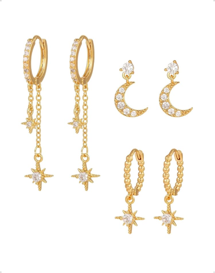3 Paires Lot Boucles D'Oreilles Argent 925 Femme, Créoles Zirconium Étoile Lune Étoile Huit Branches Pendantes Dangle Chaîne Empilables Piercing Oreille Cartilage Tragus Helix Bijoux Or/Argent