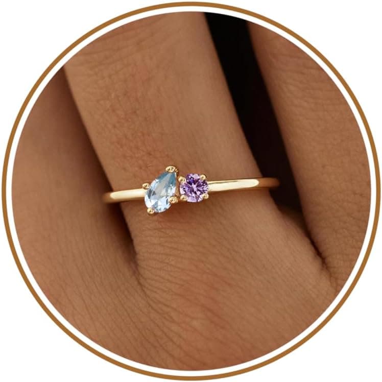 JSJOY Birthstone Rings for Women Dainty Emerald Blue Ring Birthday Gifts for Mom Her Gemstones CZ Ring for Teens Gold Rings That Don't Tarnish Adjustable Ring Jewelry Gifts