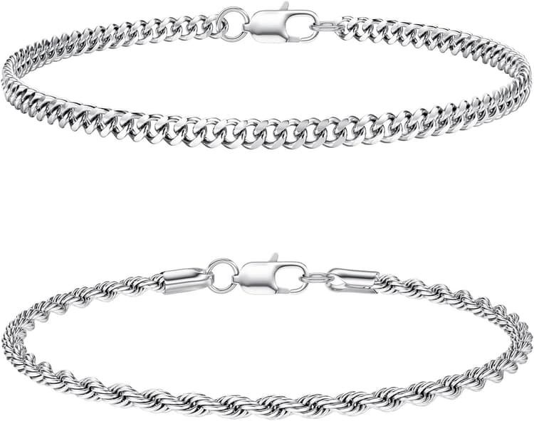 CASSIECA 2Pcs Bracelet Homme Acier Inoxydable Gourmette Homme Argent Chaîne Bracelet Empilable pour Homme Garçons Chaîne Maille Bracelet Manchette Serpent Cubain 19/21CM Cadeaux pour Papa Mari Fils