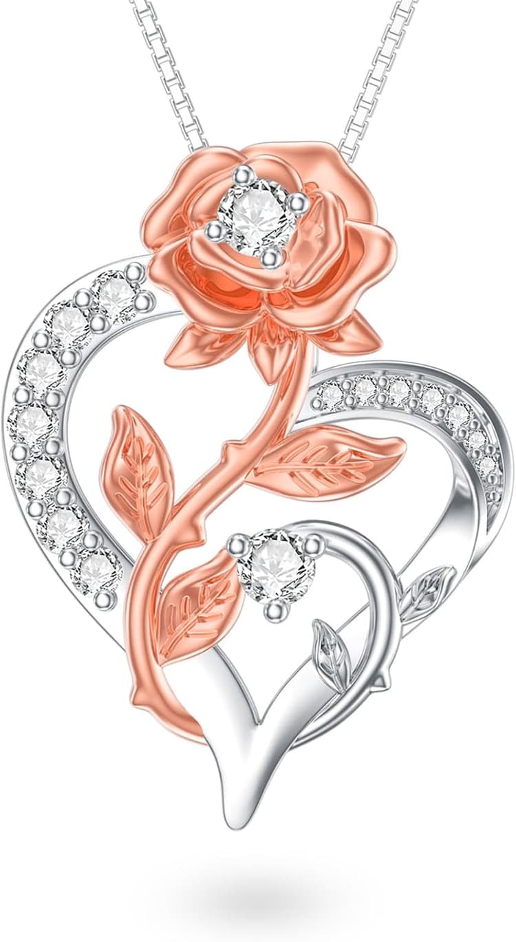 Collier en argent sterling 925 plaqué or 18 carats avec pendentif en forme de cœur rose cultivé en laboratoire