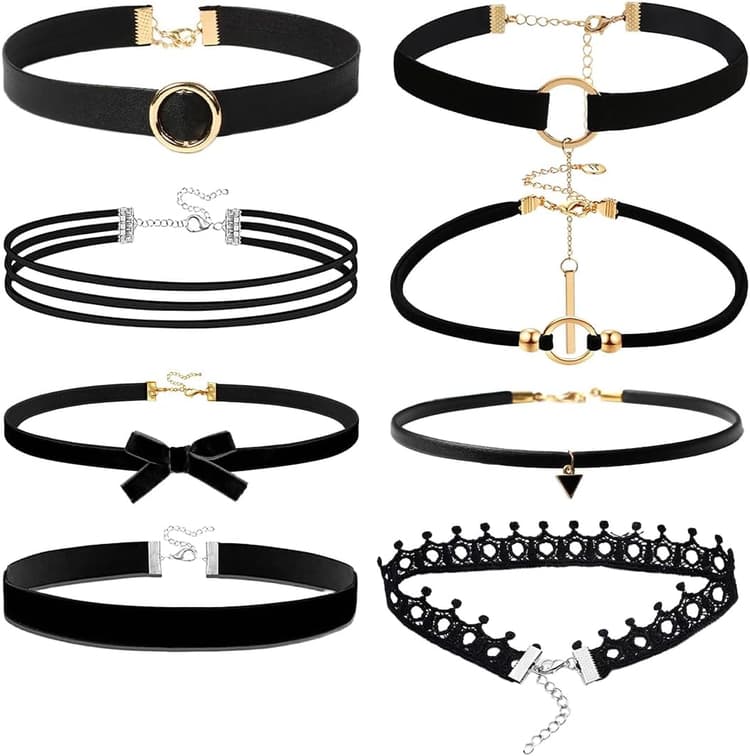 8 pcs tour de cou en velours pour femme, collier ras du cou, Choker Gothic Black Collier Femme Fantaisie Choker Ladies Teen Girls Gothic Collar Lace Ras de Cou Femme D'Halloween, Christma Noël
