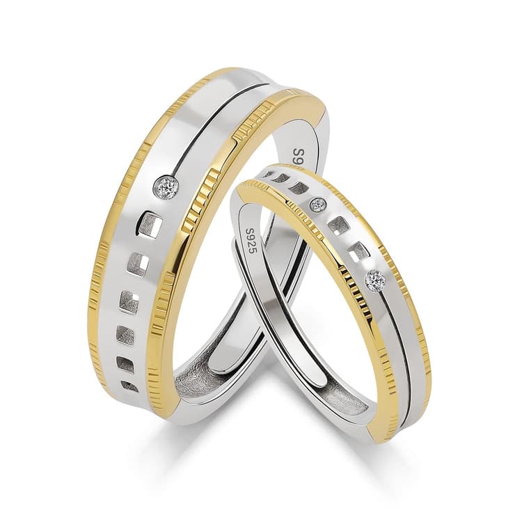 Meissa Bagues Couple Bicolores Argent 925 – Anneaux Modernes avec Détail Carré et Pierre – Alliances de Couple Fiançailles Mariage Élégantes pour Homme Femme (Or, 3.8mm+5.8mm)