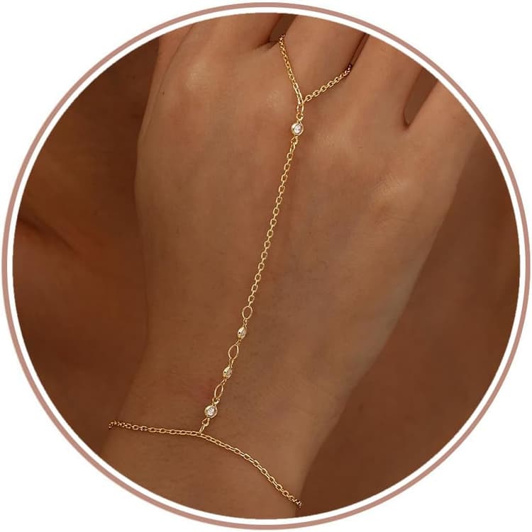 Dochais Bracelets Main Femme, Chaîne Main Poignet-Doigt, Or 14K/Argenté, Bijou Élégant Adjustable Imperméable, Cadeau Luxe