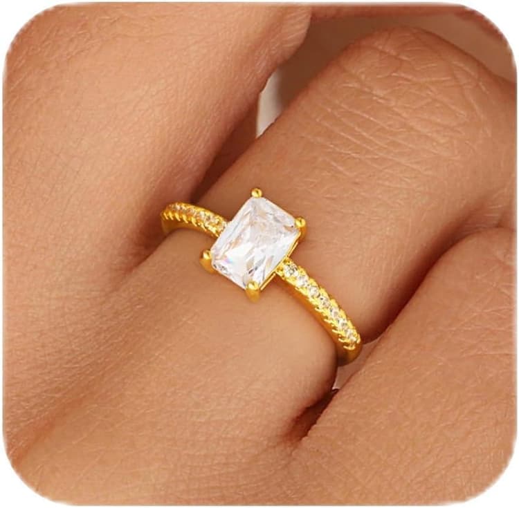 Honsny Gold Birthstone Rings for Women Non Tarnish Wedding 14K Gold Plated Emerald Engagement Promise Rings Cubic Zirconia Stackable Dainty Gemstone Pinky Eternity Band Ring Jewelry Birthsday Gifts