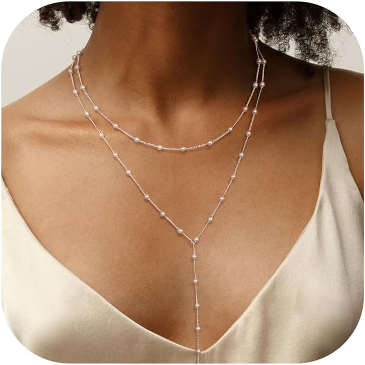 CASSIECA Collier en Y Femme Argent, Longs Colliers Délicats Argent Lariat Tendance en Forme de Y Pendentifs en Perles Bijoux Fantaisie Femmes Cadeau