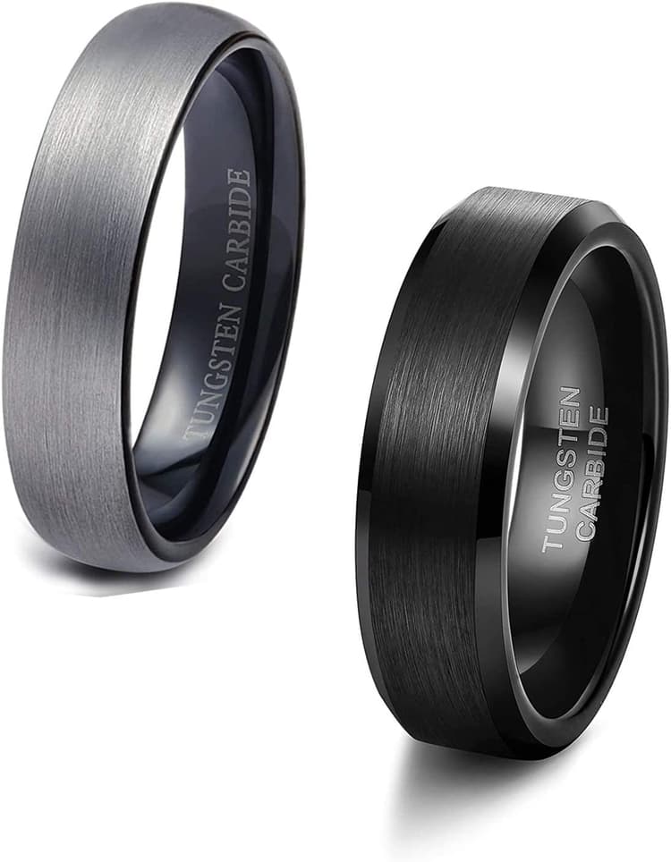 Finrezio 2 Pièces Bagues en Carbure De Tungstène Noir pour Hommes 6mm Bague De Pouce Mariage Fiançailles Biseauté Bague