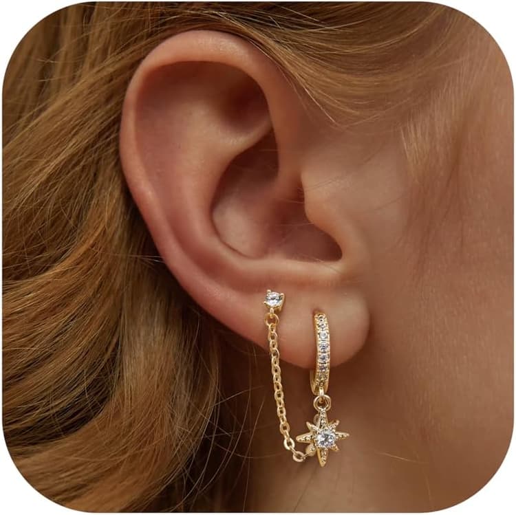 Adramata Boucles d'Oreilles Argent 925 pour Femme Plaquée Or 14 Carats Dangle Chaîne Boucles d'oreilles, Double Creoles Or/Argent pour Plusieurs Piercings Oreille Helix Tragus Piercing Bijoux