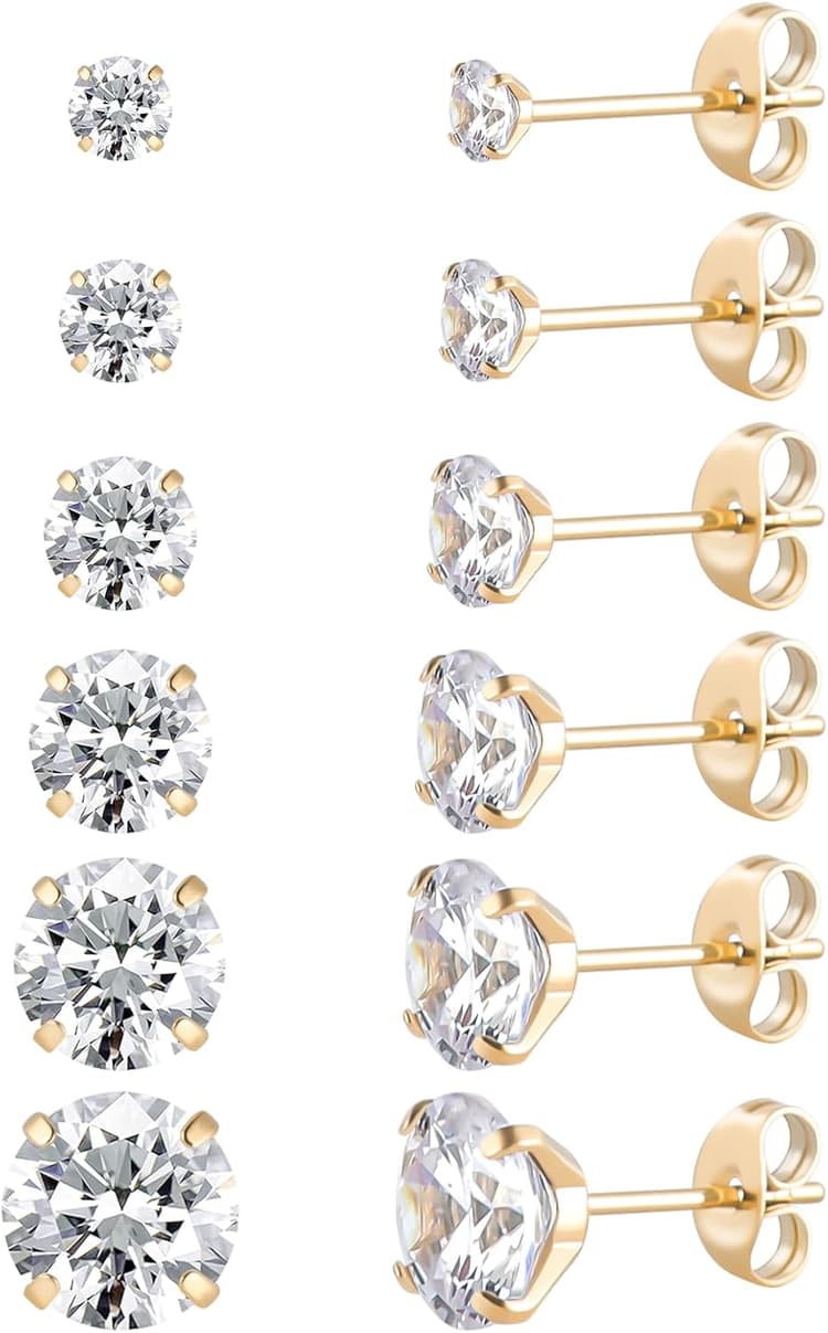 Lot de 6 paires de clous d'oreilles en acier inoxydable chirurgical avec vis arrière plaqué or 18 carats en forme de cœur, étoile, carré, coupe princesse, rondes, zircons cubiques blancs, pour femme