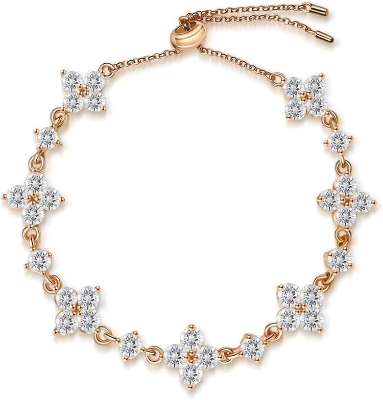 FEIKFEIZ Bracelet en moissanite, diamant moissanite cultivé en laboratoire, plaqué or rose 18 carats, bracelet trèfle réglable, cadeau pour femme.