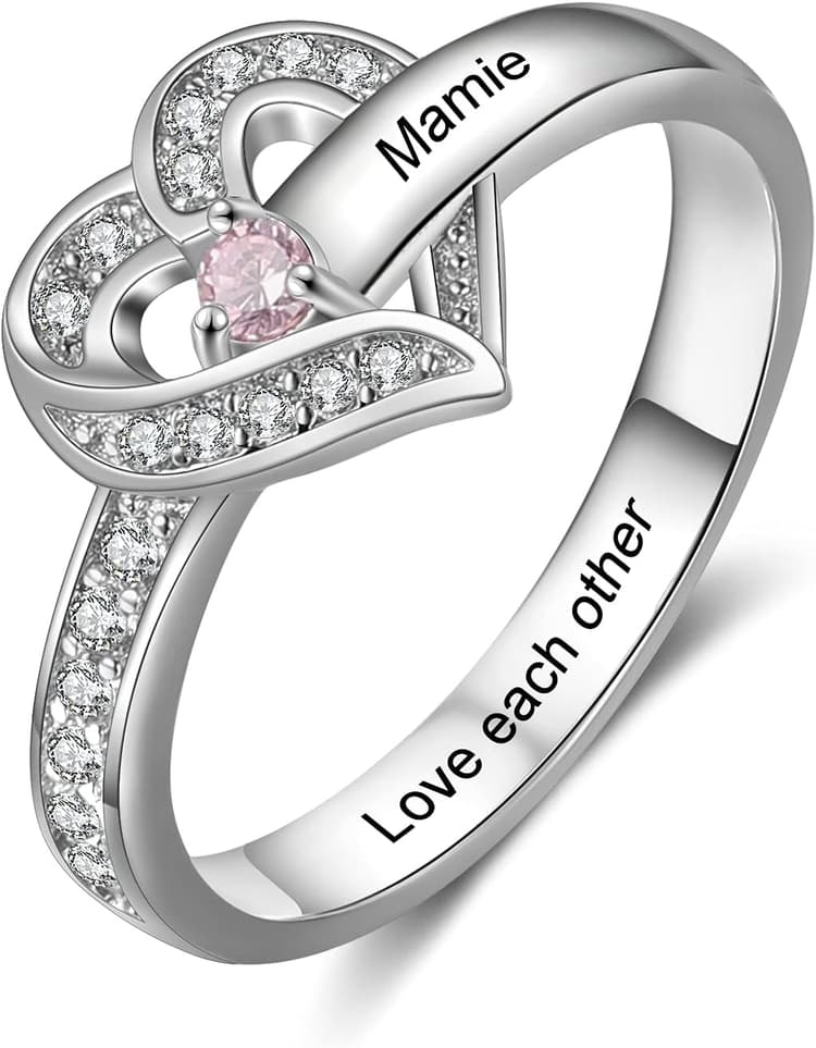 Bague de Pierres de Naissance Personnalisée Bagues pour Femme avec 1-8 Pierres de Naissance simulées avec Nom en Argent Sterling 925 Coeur Gravé Promesse de Fiançailles Bague