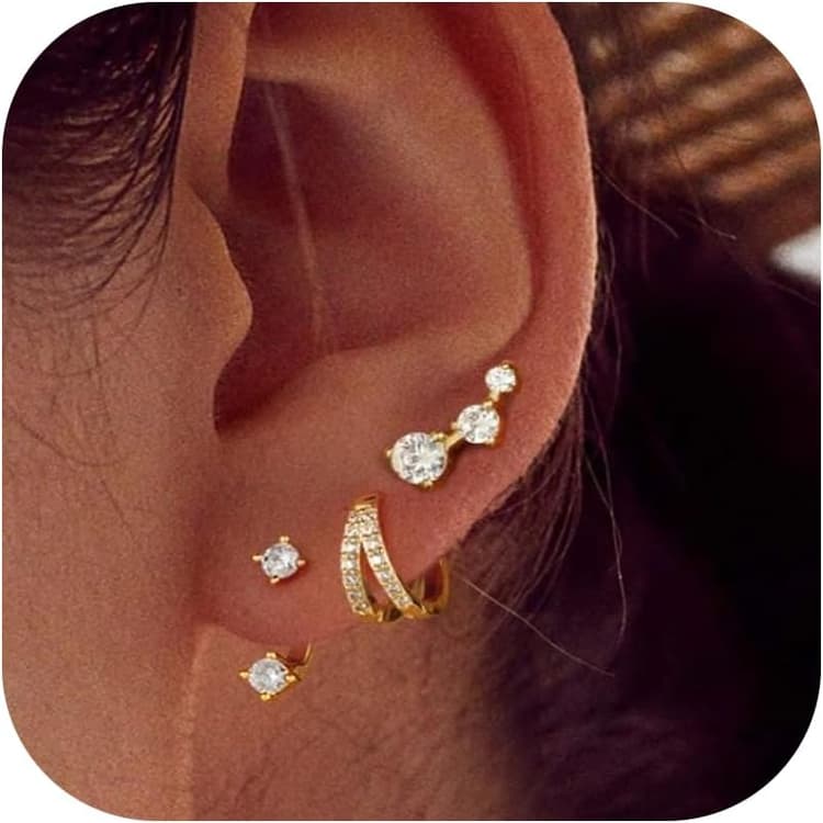 Lot de 3 Boucles d’Oreilles Femme – Argent 925 Plaqué Or 14 Carats, Créoles Mini et Clou d’Oreille Femme, Hypoallergénique avec Zirconium, Idéal Piercing Oreille, Cadeau Femme