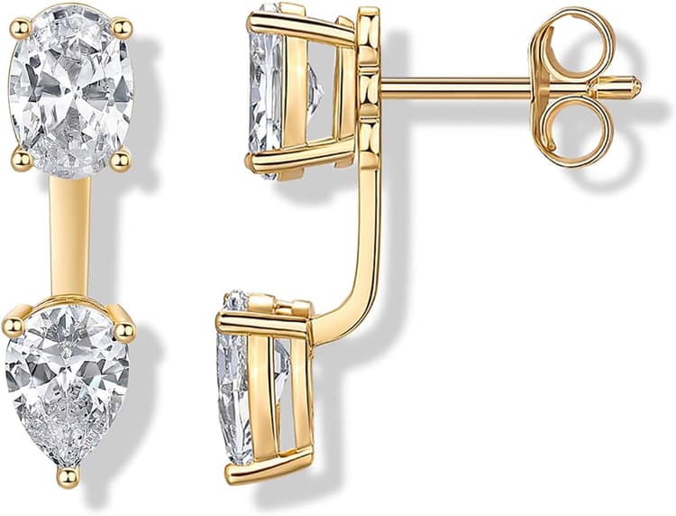 PAVOI 14K Gold Plated Cubic Zirconia Earrings Jacket for Women - Sterling Silver Posts Dainty CZ Front and Back Double Studs - Statement Ear Jacket Earrings for Women