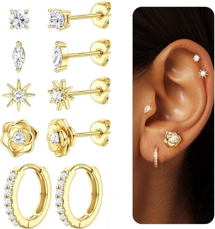 Chriscoco 5 Paires Boucles d'oreilles Femme Argent 925 Creoles Or/Argent Femme Boucle d oreille Or Hypoallergénique Piercing Oreille Cartilage Cœur Zircon Fleur Boucle d'oreille
