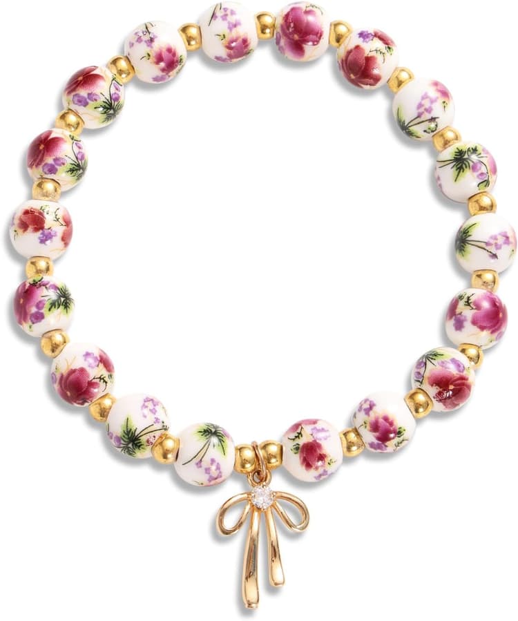 Bracelet à Breloques en Forme de Nœud pour Femme, Bracelet Extensible en Céramique avec Perles et Fleurs Porcelaine Bijou Romantique Idéal pour Les Femmes