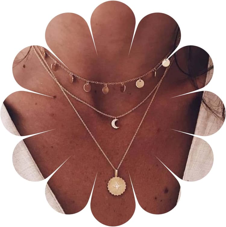Boho Couches Disque Coin Collier Ras Du Cou Or CZ Lune Pendentif Collier Rond Médaillon Collier Chaîne Minuscule Dangly Disque Collier Bijoux pour Femmes et Filles