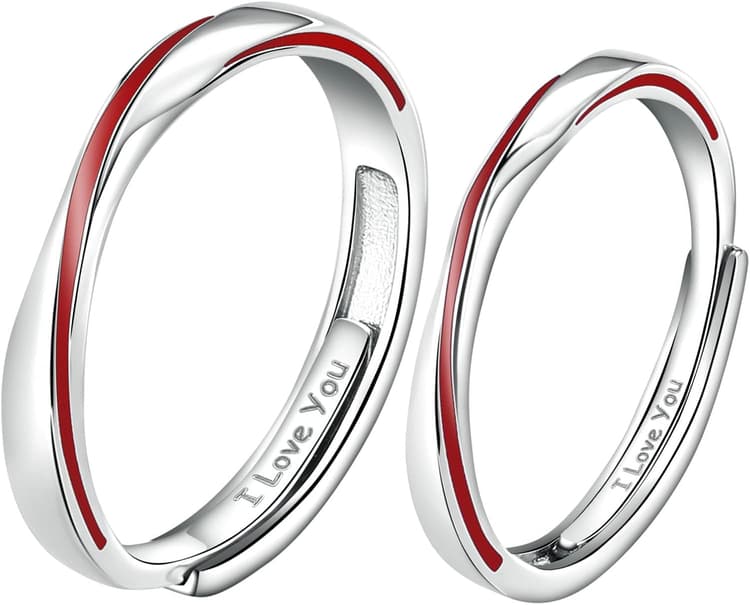 Bague Mariage Couple Argent, Bagues Fiancailles Femme Fil Rouge Mobius Bague Réglable Homme