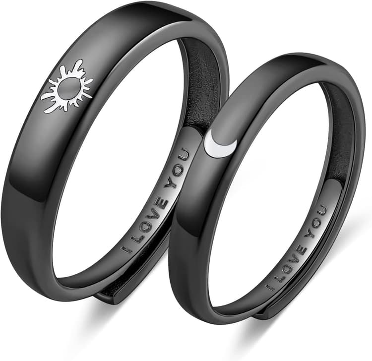 Beydodo 925 Silver Rings Custom Adjustable Sun and Moon Matching Rings Engraved I Love You Couples Rings Wedding