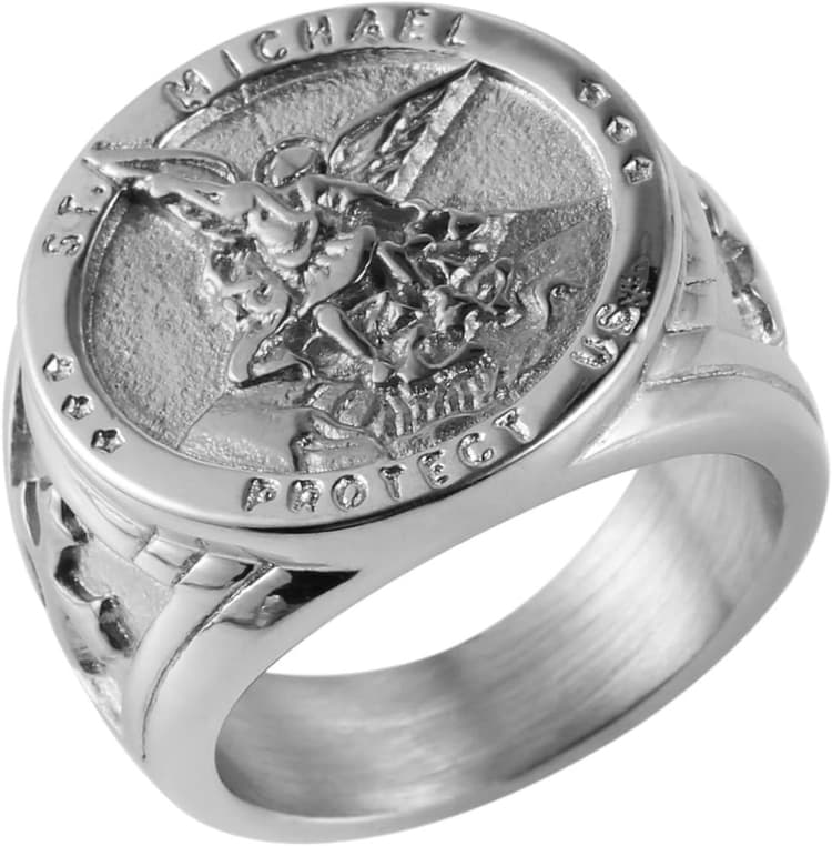 HZMAN St. Michael San Miguel The Great Protector Archangel Defeating Satan Figurine Stainless Steel Amulet Ring