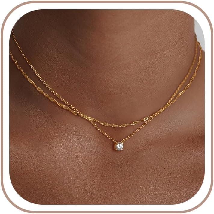Dainty Gold Necklace for Women Non Tarnish Layered 14k Diamond Pendant Charm Gold Plated Necklaces CZ Trendy Zirconia Chain Choker Necklace Stack Gold Jewelry for Women Birthday Gift