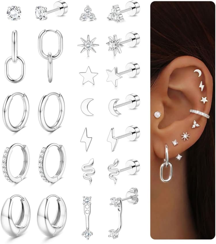 Dochais 12 Paires Boucles d'Oreilles Femme Acier Chirurgical 316L Or Argent Hypoallergéniques Boucles d'Oreilles Créoles Petites Lot Boucle d Oreille Helix Cartilage Conch Piercing Oreille Bijoux