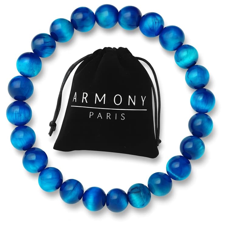 Bracelet Pierre Naturelle Femme Homme Bleu vert, Défense Confiance et Equilibre. Perle Oeil de Tigre 8 mm Qualité Supérieure. Bijoux Artisanal Handmade Solide et Durable. Cadeau Fête des Grands-Mères